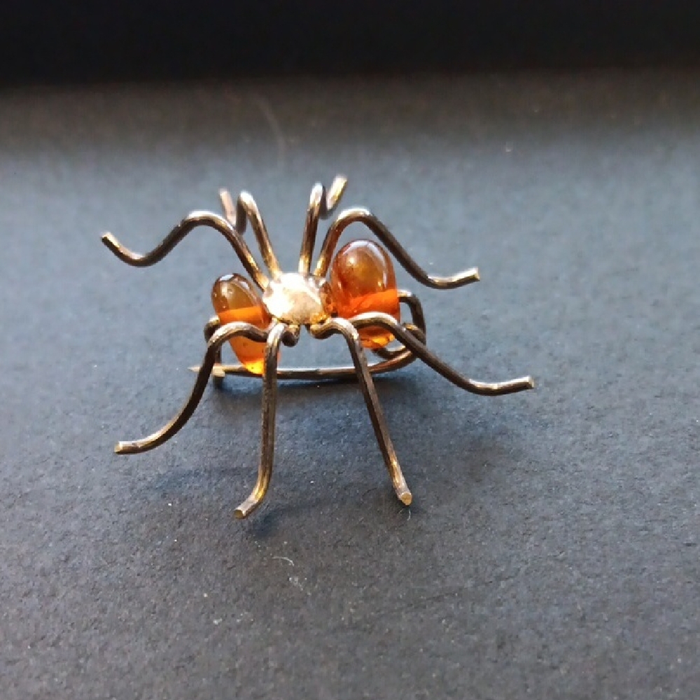 VTG Sterling Silver Baltic Amber Spider Brooch Pin